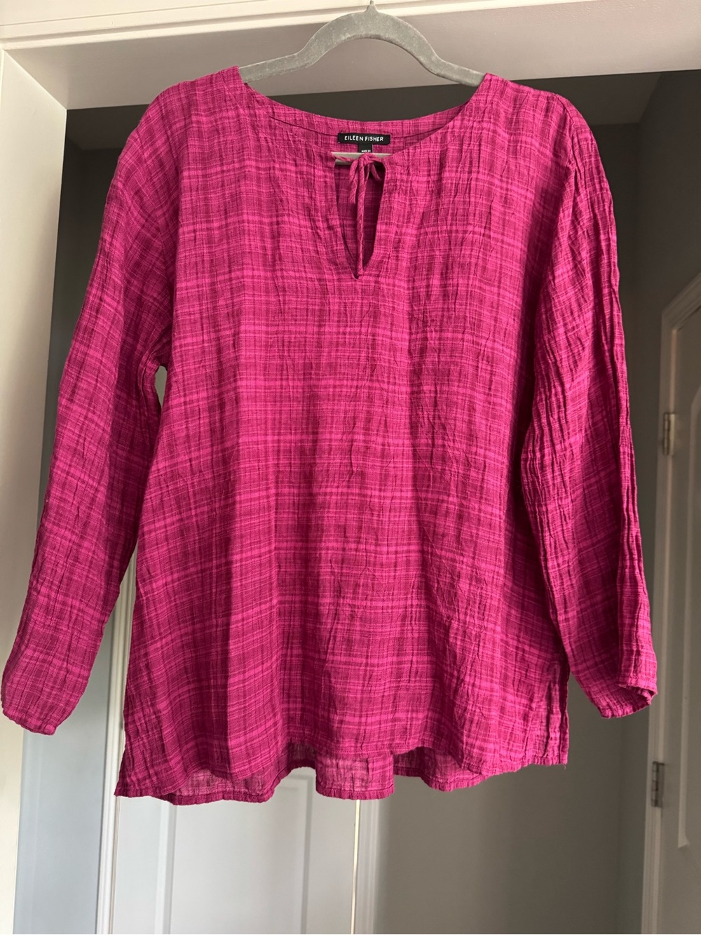 Eileen Fisher 100% Organic Linen Magenta Tie Neck Tunic Top M